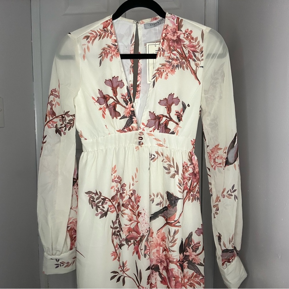 Hope & Ivy Maternity Long Sleeve Button Front Floral and Bird Printed Maxi Dress